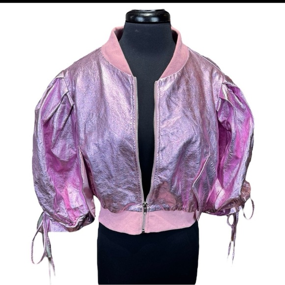 Akira Pink Metallic Bubble Sleeve Cropped Jacket Size XL – Runs Small - Picture 4 of 11